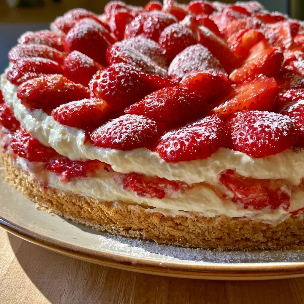 Vue latérale d'un délicieux gâteau sans cuisson, garni de fraises fraîches.