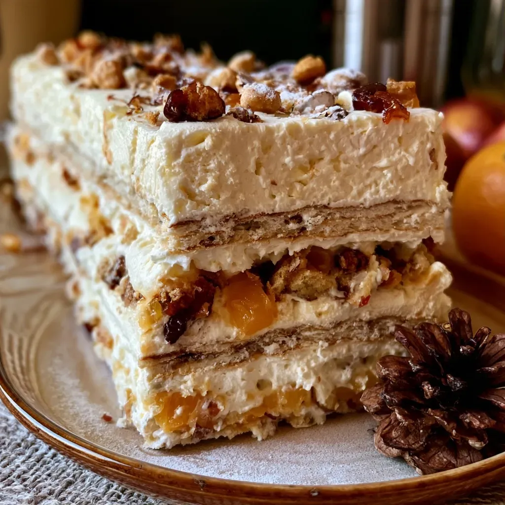 Gros plan d'un semifreddo de Noël avec des morceaux de fruits confits.