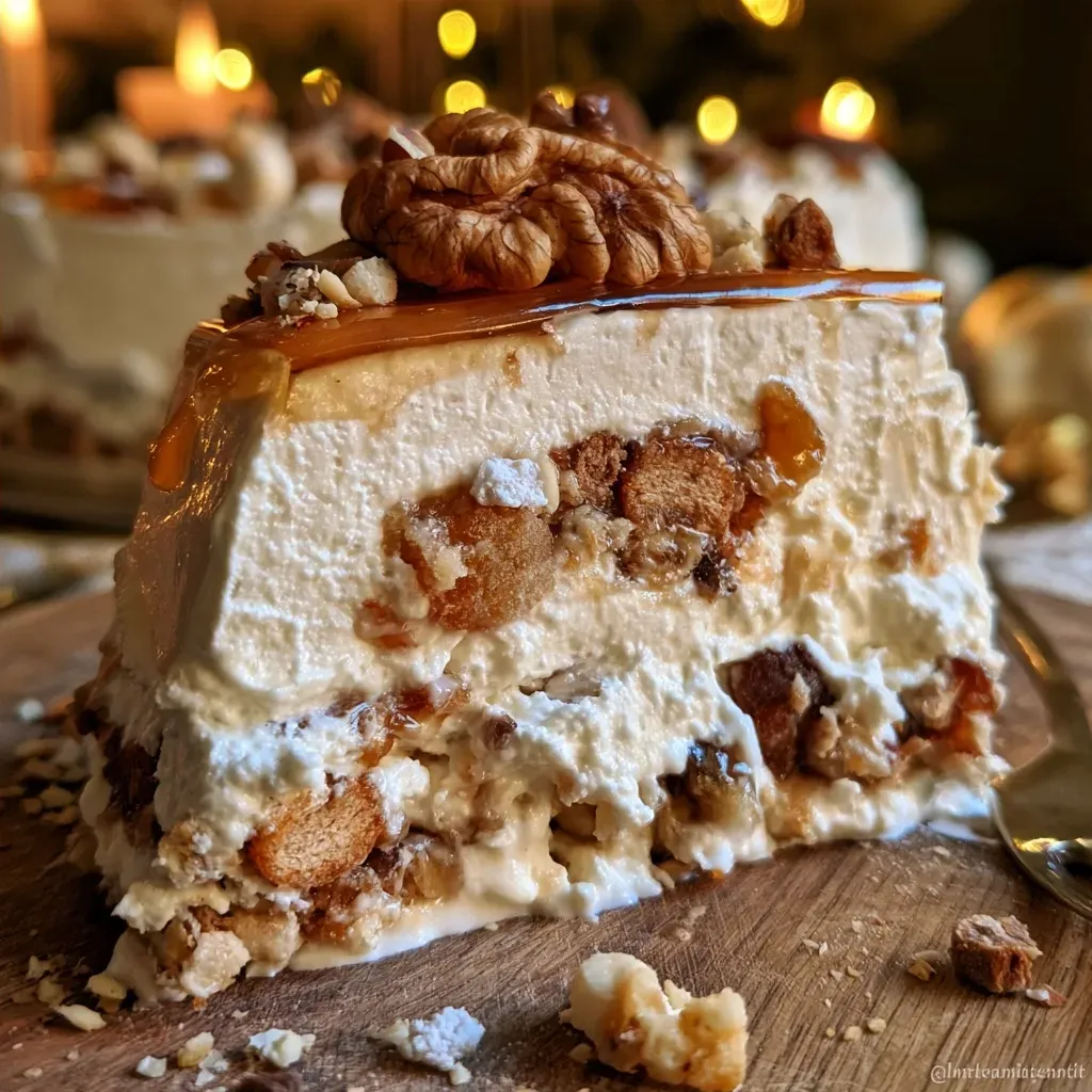 Vue latérale d'un semifreddo délicatement décoré avec des meringues.