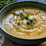 Gros plan d'une soupe d'hiver crémeuse avec des morceaux de gorgonzola.