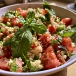 Gros plan d'un taboulé coloré avec des tomates et des feuilles de menthe.