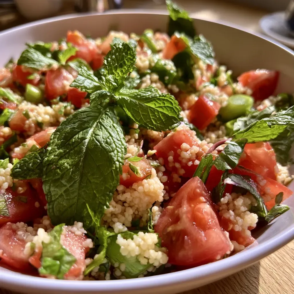 Gros plan d'un taboulé coloré avec des tomates et des feuilles de menthe.