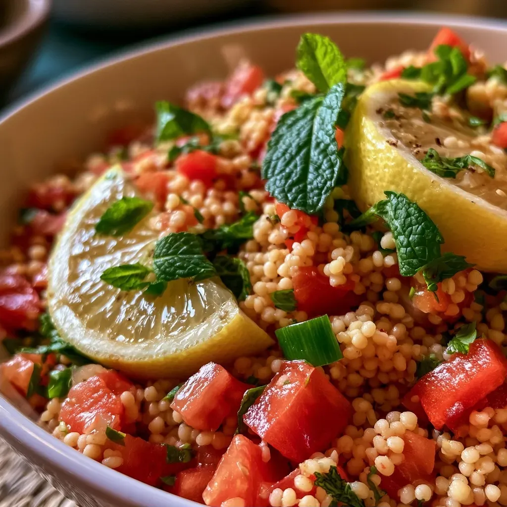 Vue latérale d'un plat de taboulé frais avec des ingrédients visibles.