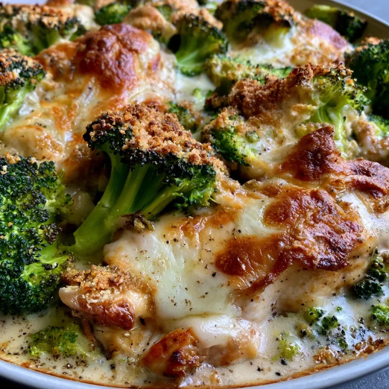 Gros plan d'un gratin de poulet au brocoli doré.