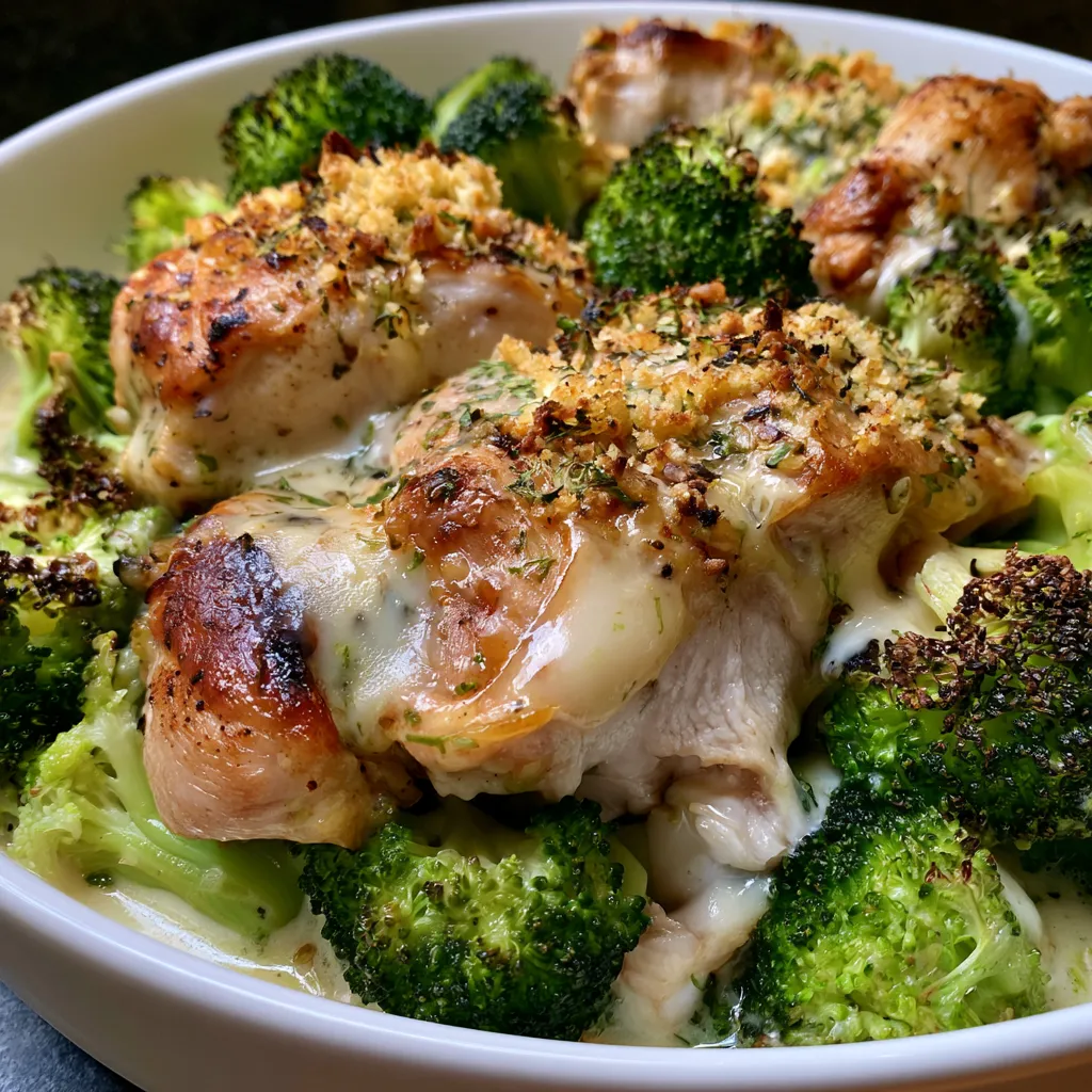 Vue latérale d'un plat de gratin de poulet avec des morceaux de brocoli.