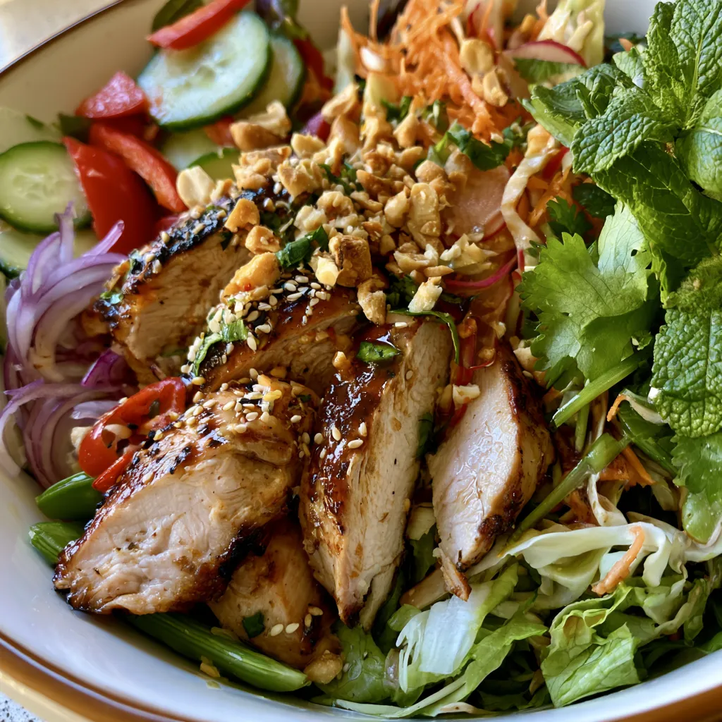 Gros plan d'une salade asiatique au poulet avec des légumes colorés.