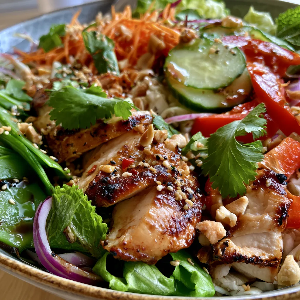 Vue latérale d'une salade croquante au poulet, mettant en valeur ses ingrédients frais.
