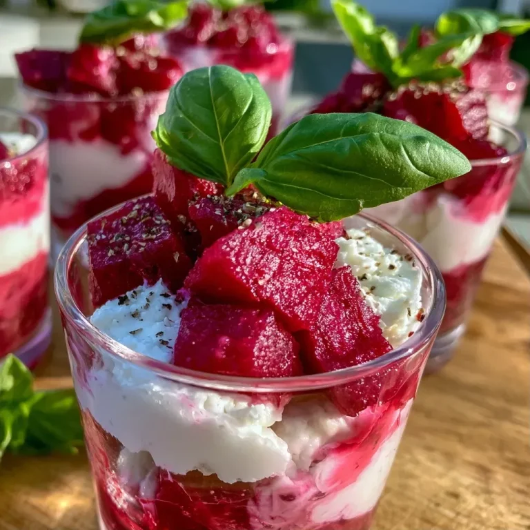 Verrines apéritives betterave-chèvre : le délice minute qui impressionne Verrines apéritives colorées avec betterave, fromage de chèvre et basilic.
